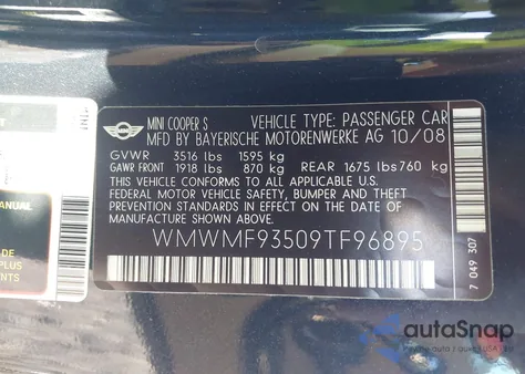 2009 Mini John Cooper Works from USA, damaged, VIN WMWMF93509TF96895